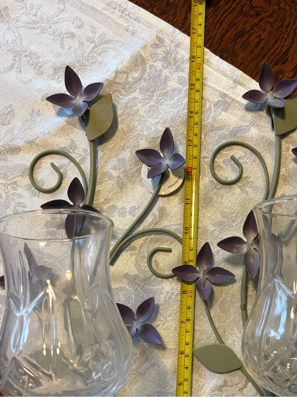 NEW. Home Interiors Green and Purple Floral Metal Wall Candle Sconces - Pair